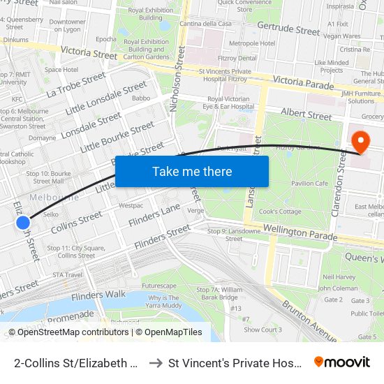 2-Collins St/Elizabeth St (Melbourne City) to St Vincent's Private Hospital East Melbourne map