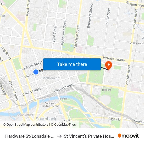 Hardware St/Lonsdale St (Melbourne City) to St Vincent's Private Hospital East Melbourne map