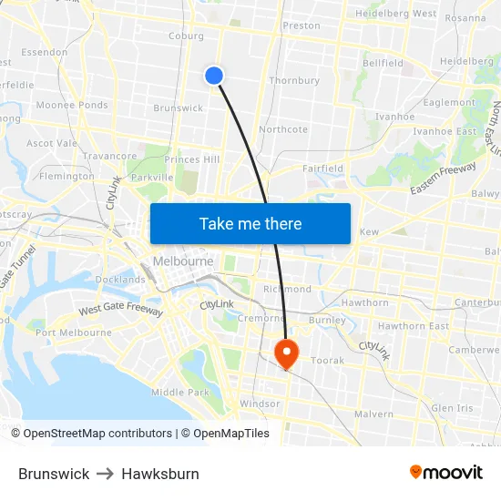 Brunswick to Hawksburn map