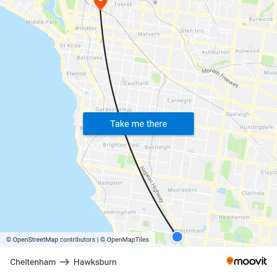 Cheltenham to Hawksburn map