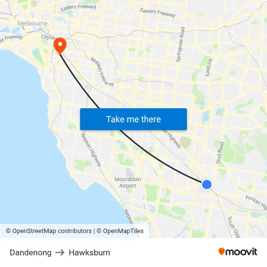 Dandenong to Hawksburn map