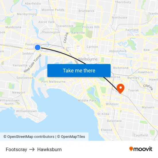 Footscray to Hawksburn map