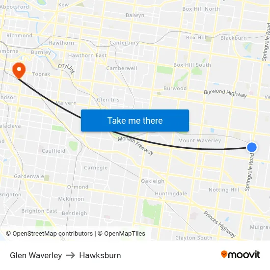 Glen Waverley to Hawksburn map