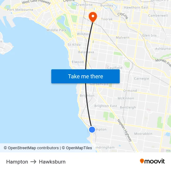 Hampton to Hawksburn map