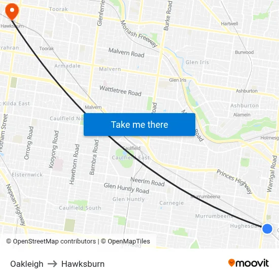Oakleigh to Hawksburn map