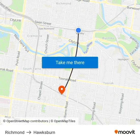 Richmond to Hawksburn map