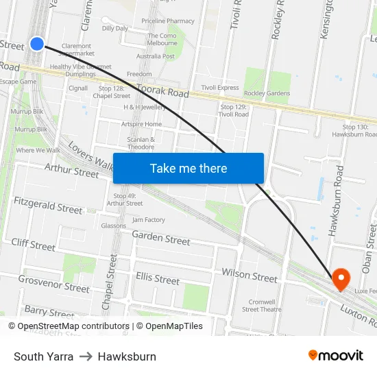 South Yarra to Hawksburn map