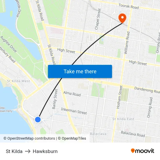 St Kilda to Hawksburn map
