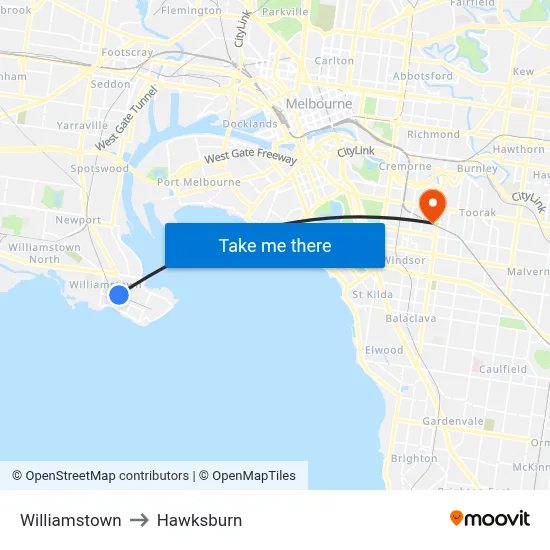 Williamstown to Hawksburn map