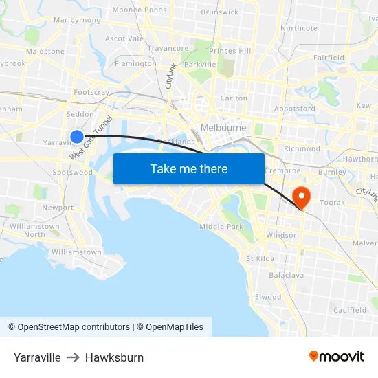 Yarraville to Hawksburn map
