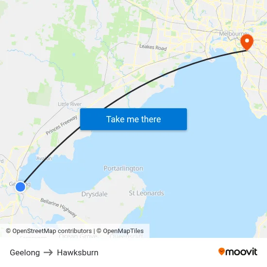 Geelong to Hawksburn map