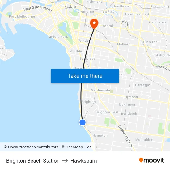 Brighton Beach Station to Hawksburn map