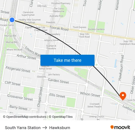 South Yarra Station to Hawksburn map