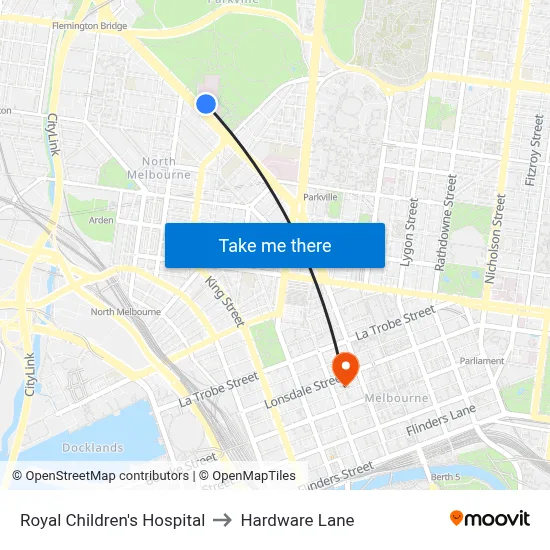 Royal Children's Hospital to Hardware Lane map