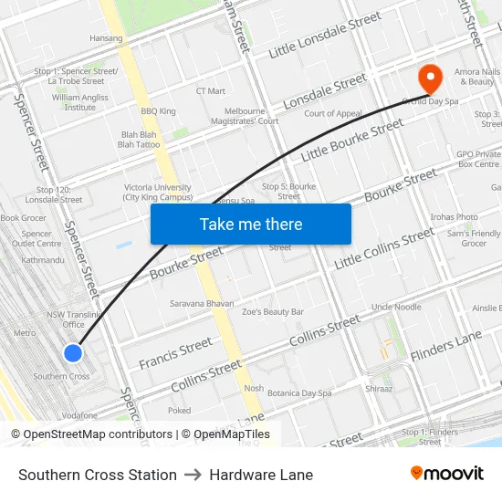 Southern Cross Station to Hardware Lane map