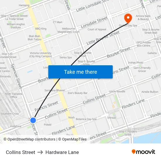 Collins Street to Hardware Lane map