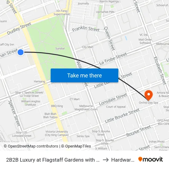 2B2B Luxury at Flagstaff Gardens with Parking, Melbourne to Hardware Lane map