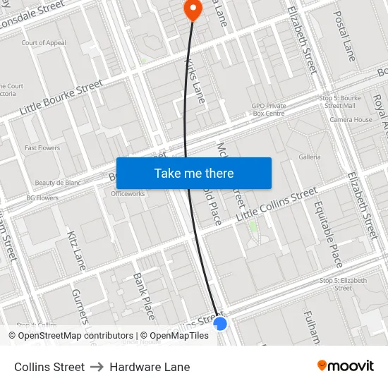 Collins Street to Hardware Lane map