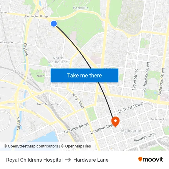 Royal Childrens Hospital to Hardware Lane map