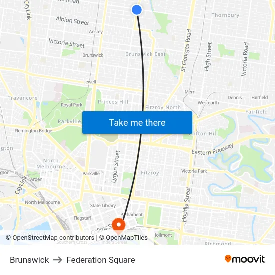 Brunswick to Federation Square map