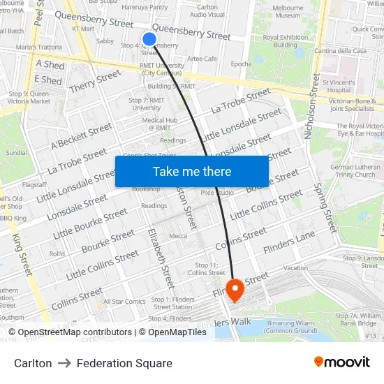 Carlton to Federation Square map