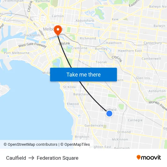 Caulfield to Federation Square map