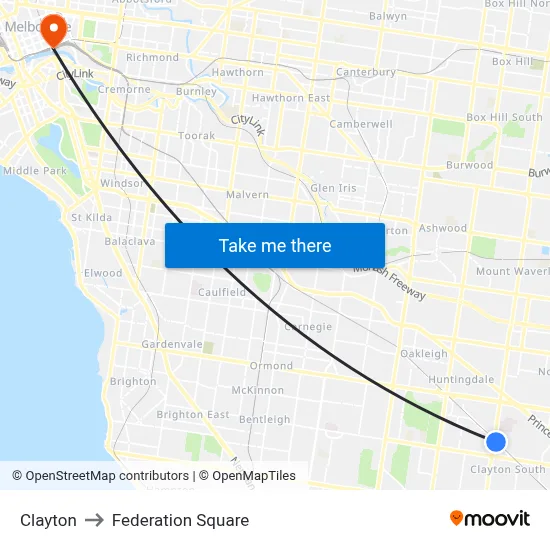 Clayton to Federation Square map