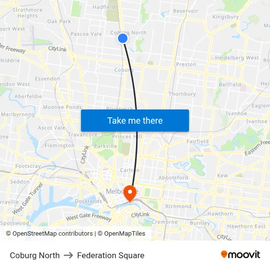 Coburg North to Federation Square map