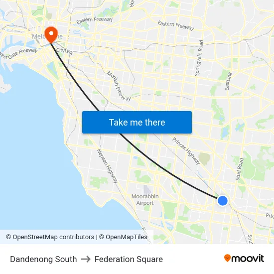 Dandenong South to Federation Square map