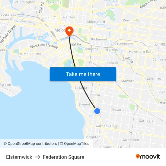 Elsternwick to Federation Square map