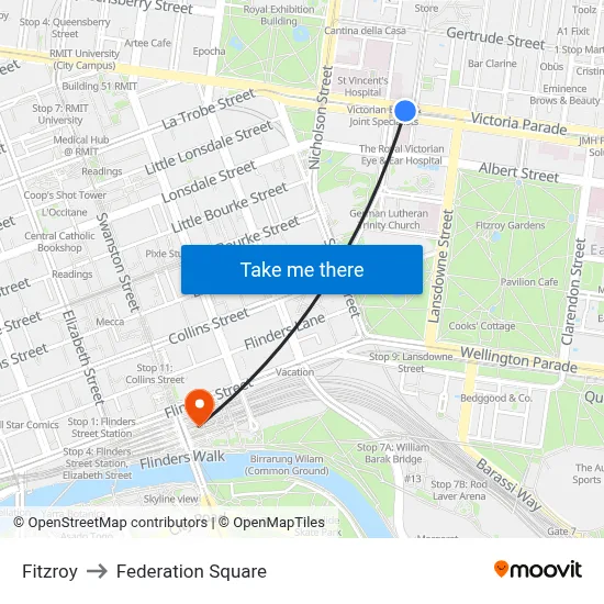 Fitzroy to Federation Square map