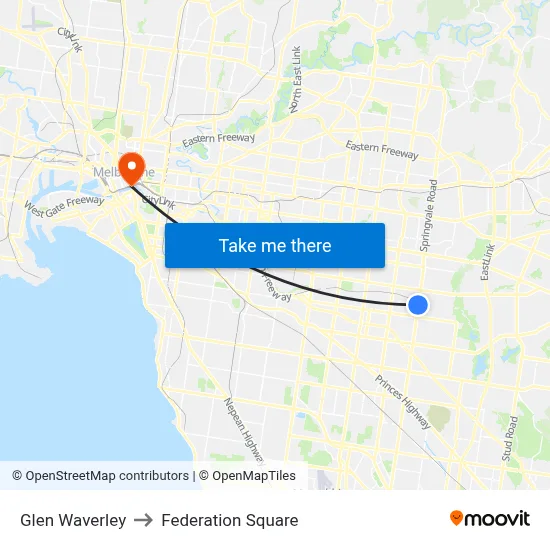 Glen Waverley to Federation Square map