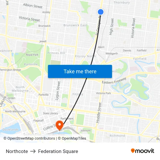 Northcote to Federation Square map