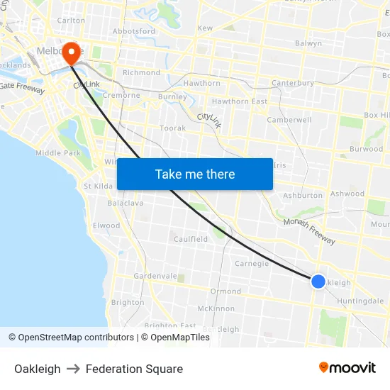 Oakleigh to Federation Square map