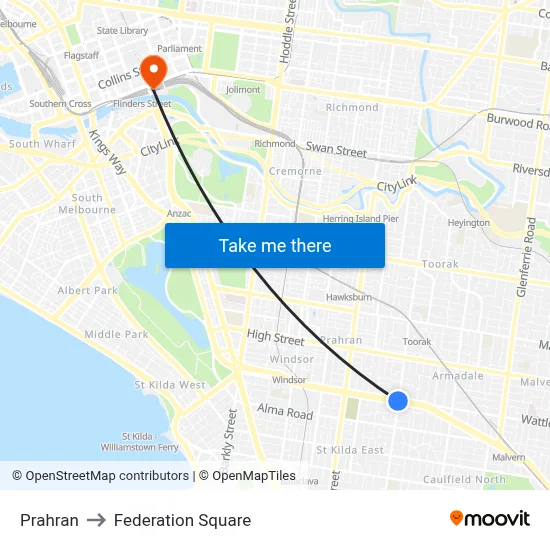 Prahran to Federation Square map