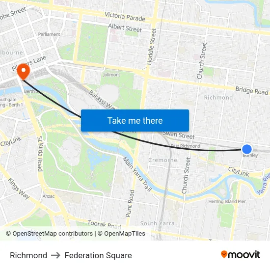 Richmond to Federation Square map