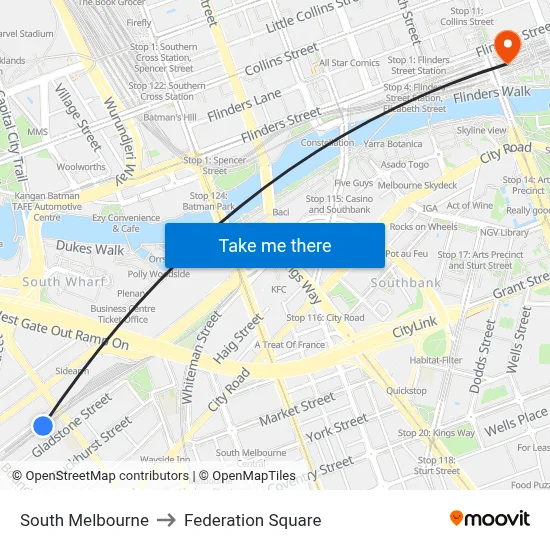 South Melbourne to Federation Square map