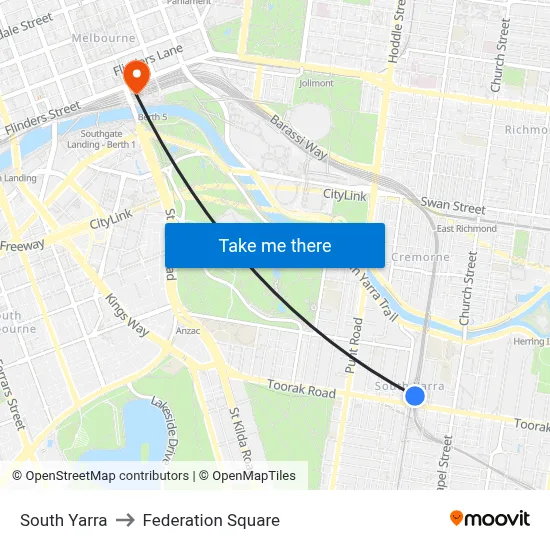 South Yarra to Federation Square map
