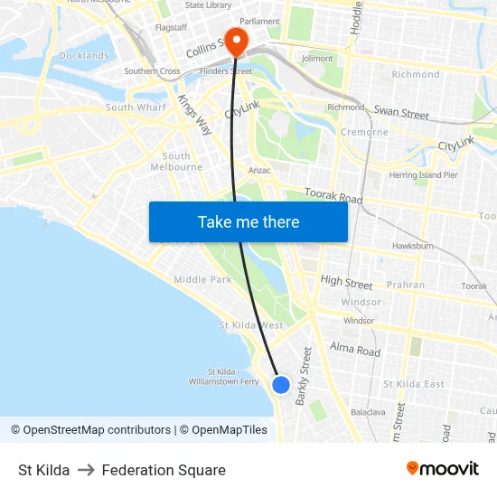 St Kilda to Federation Square map