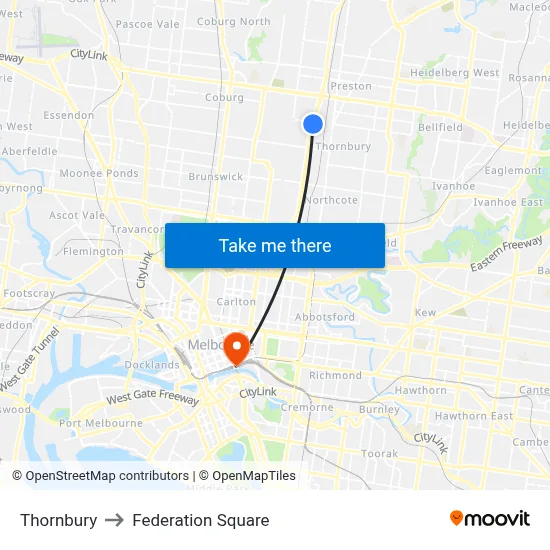 Thornbury to Federation Square map