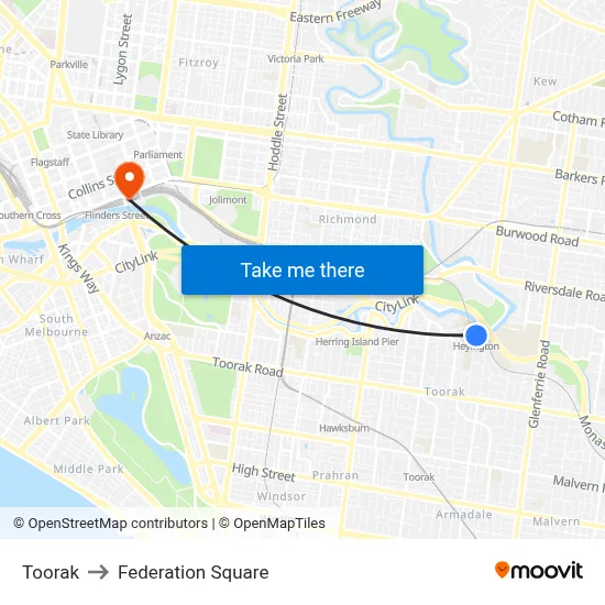 Toorak to Federation Square map