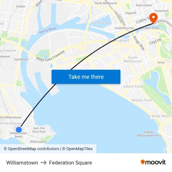 Williamstown to Federation Square map
