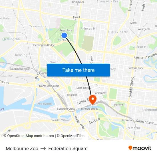 Melbourne Zoo to Federation Square map