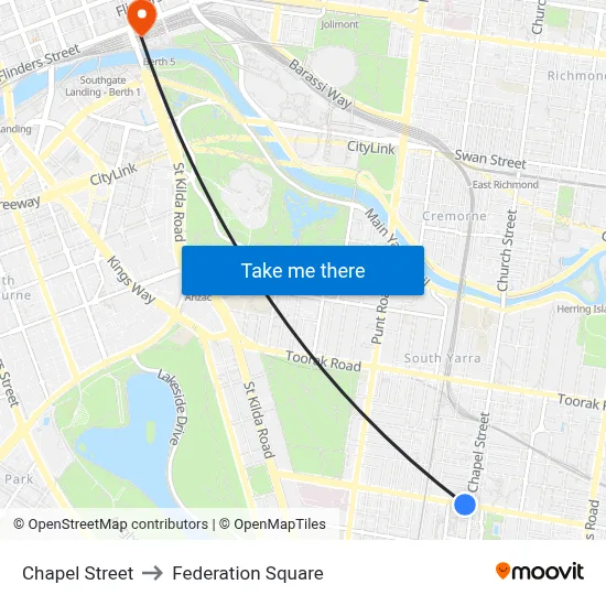 Chapel Street to Federation Square map