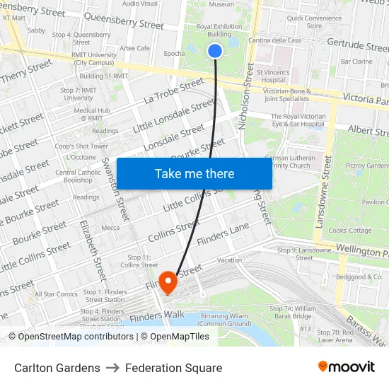 Carlton Gardens to Federation Square map