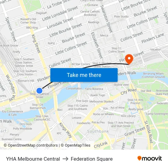 YHA Melbourne Central to Federation Square map
