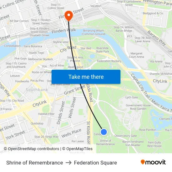 Shrine of Remembrance to Federation Square map