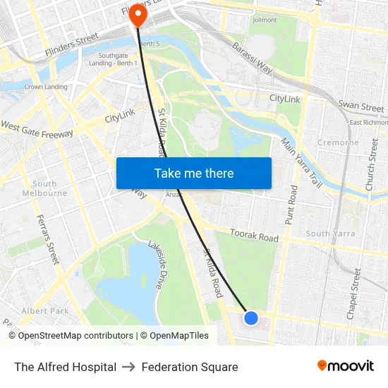 The Alfred Hospital to Federation Square map