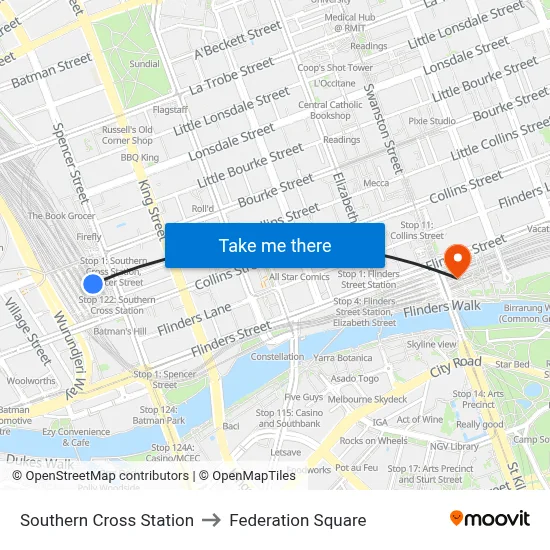 Southern Cross Station to Federation Square map