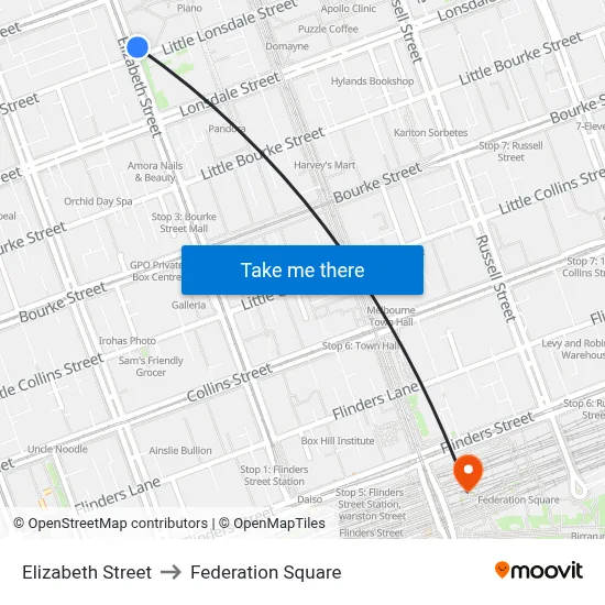 Elizabeth Street to Federation Square map